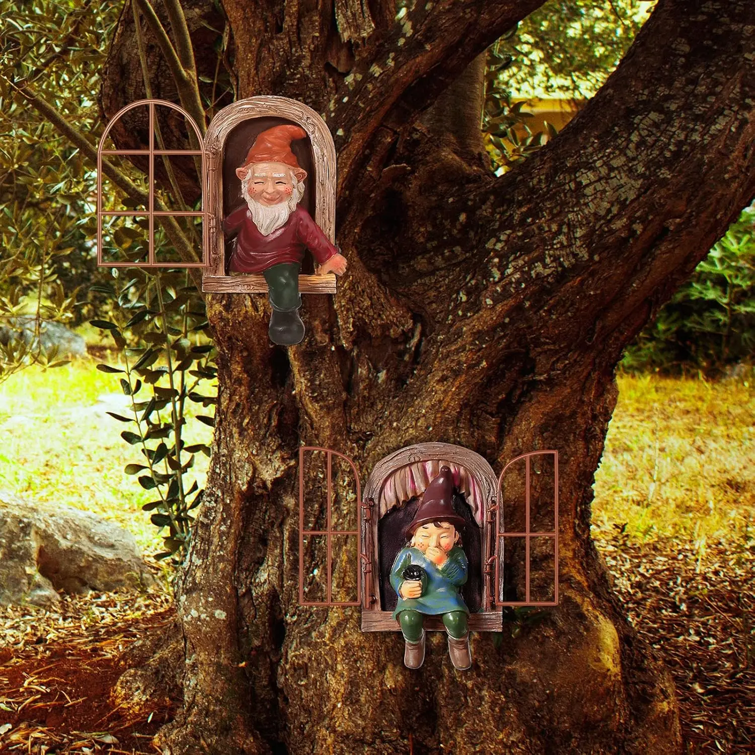 2 Pcs Garden Gnome Statue Gnome Tree Hugger Fairy Garden Decor Elf Out The Door Yard Art Tree Sculpture Decoration Outdoor for Patio Yard Lawn Porch Ornament (Classic Style)