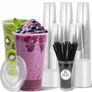 50-Pack 12-32oz Clear Plastic Iced Coffee Cups with Lids and Straws, Disposable To Go Cups for Smoothies, Milkshake, Cold Beverages, Coffee Bar Accessories