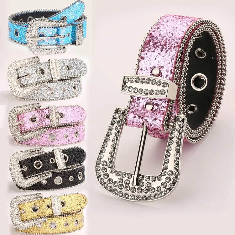 Women’s Glitter Sequin PU Leather Belt, Rhinestone Pin Buckle Eyelet Waist Belt, Y2K Sparkly Decor Belt for Jeans & Party Outfits