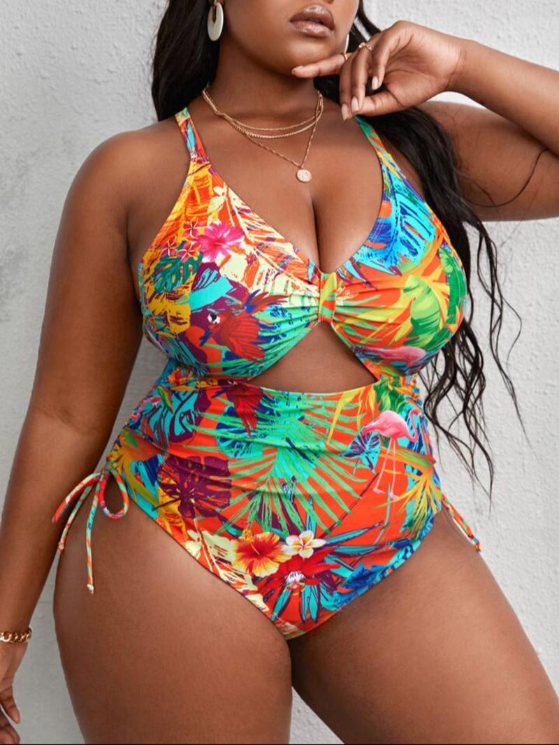 Plus Size Tropical Print Criss Cross Cut Out One-piece Swimsuit, Boho Tie Side Sleeveless Swimwear For Beach Holiday Vacation, Women's Plus Size Swimsuit For Summer, Casual Swimsuit