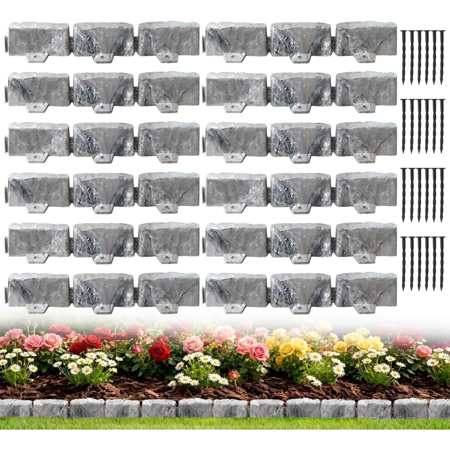 Landscape Edging Garden Edging Border Faux Stone Edging,17FT x 2.75 in Tall Decorative Stone-Look Garden Border for Flower Bed Edging,Yard Edging,Lawn Trees and Gardens,with Anchoring Spikes,Gray