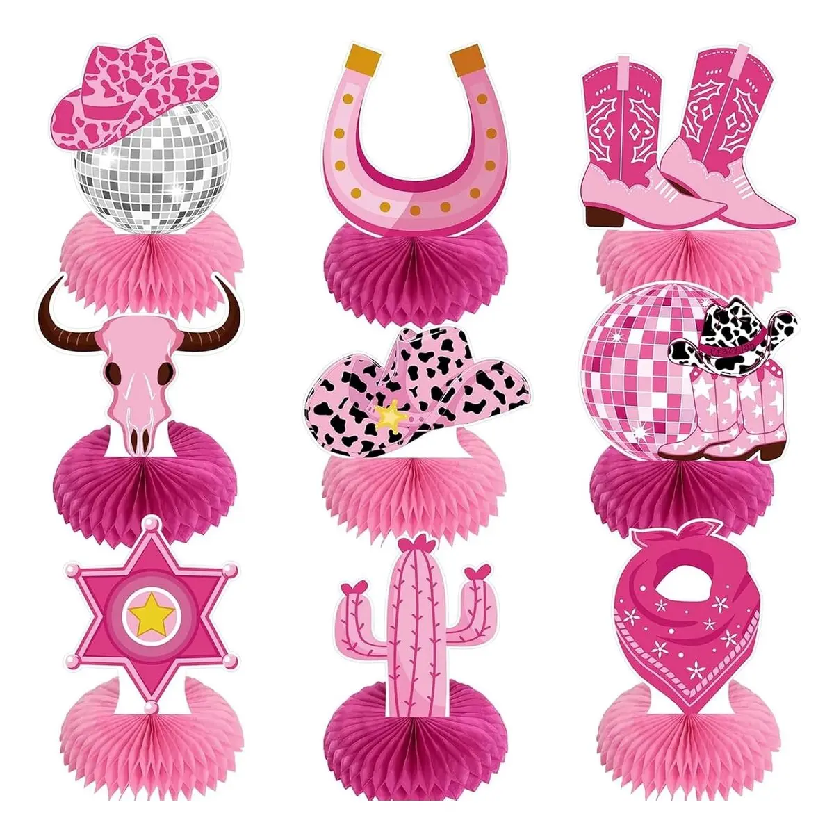 Reusable Cardboard Honeycomb Centerpieces with Cutouts, Western Rodeo Cowgirl Western Disco Girls Night Party Table Decoration, Festive Theme Party Supplies
