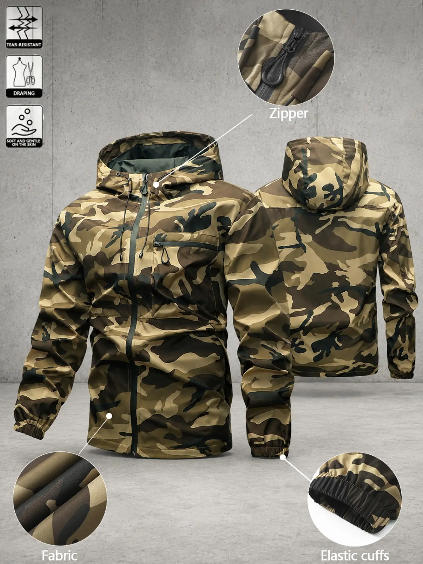 Men's Autumn/Winter Camouflage Tactical Hooded Shell Jacket – Waterproof & Windproof, Multi functional outerwear. Suitable for hiking, tactical use, work, and urban outdoor activities. Features a regular fit with a minimalist aesthetic