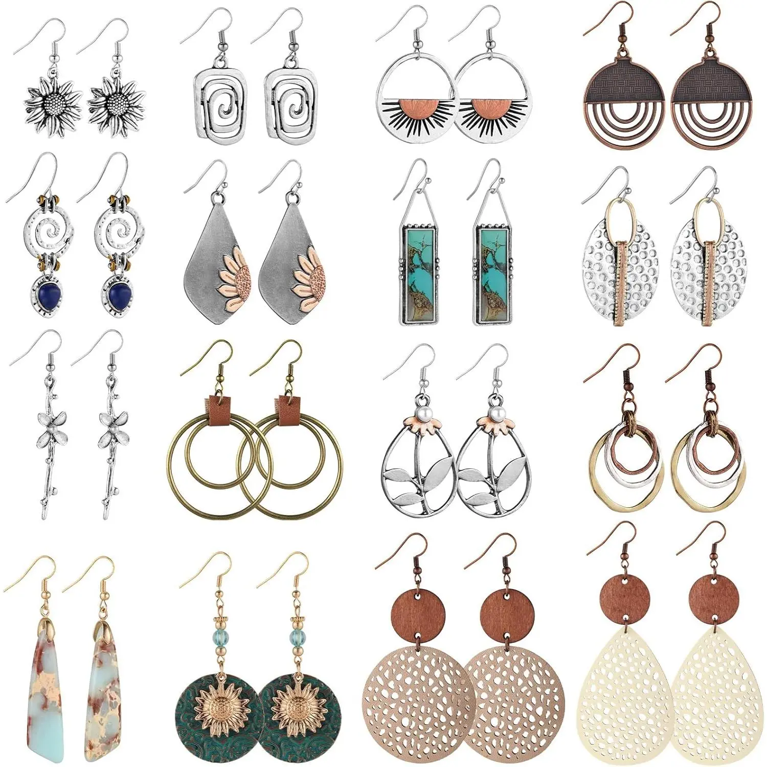 Women's 16-Pair Fashion Earrings Set - Boho Drop, Vintage Sunflower, Round Geometric, Wooden & Leather Styles