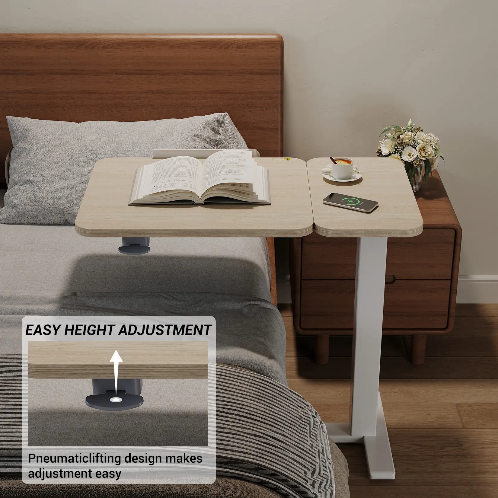 Small Rolling Overbed Table, Adjustable Height Mobile Laptop Desk with Tilting Desktop & Wheels for Home Office, Bedside, Wood Grain