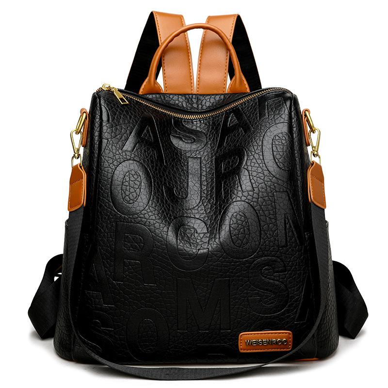 Embossed large-letter backpack, 2026 popular color-blocking multi-functional travel backpack, textured soft leather school bag for female students