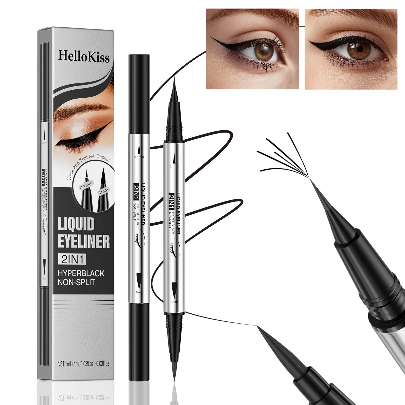 Ultra-Fine Dual-Ended Eyeliner Pen, Waterproof Long-Lasting Liner, Easy Cat Eye, Inner Line, Smoky Makeup, Fits All Eye Shapes