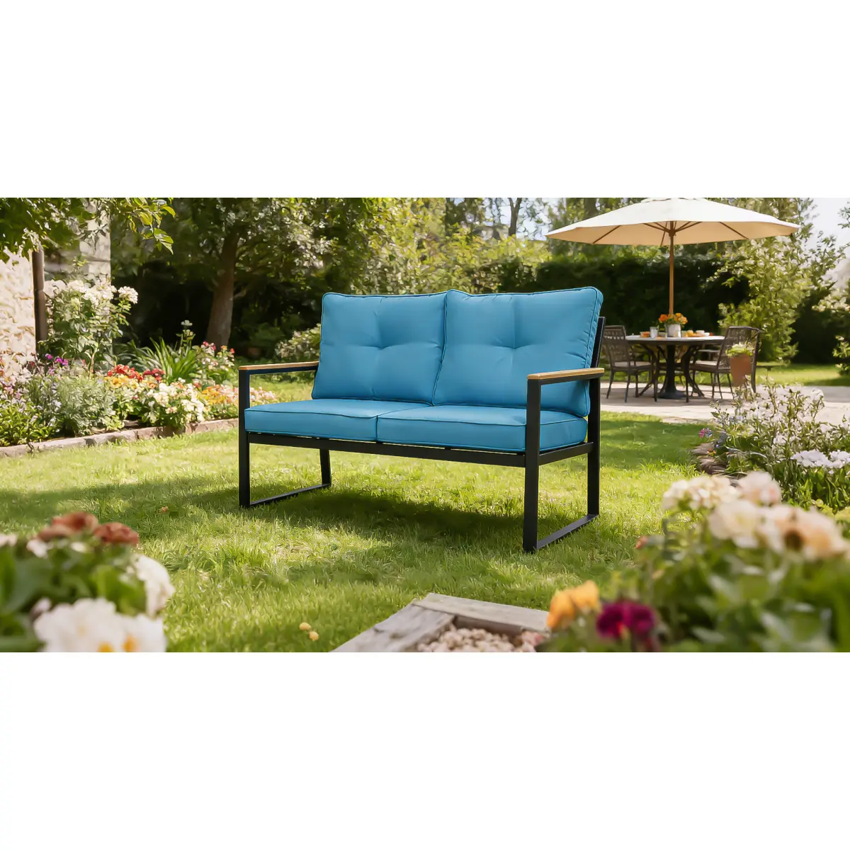 Outdoor Patio Furniture Loveseat Sofa, All-Weather Metal Steel Patio Couch with 4" Thick and Soft Cushion for Balcony, Porch, Backyard