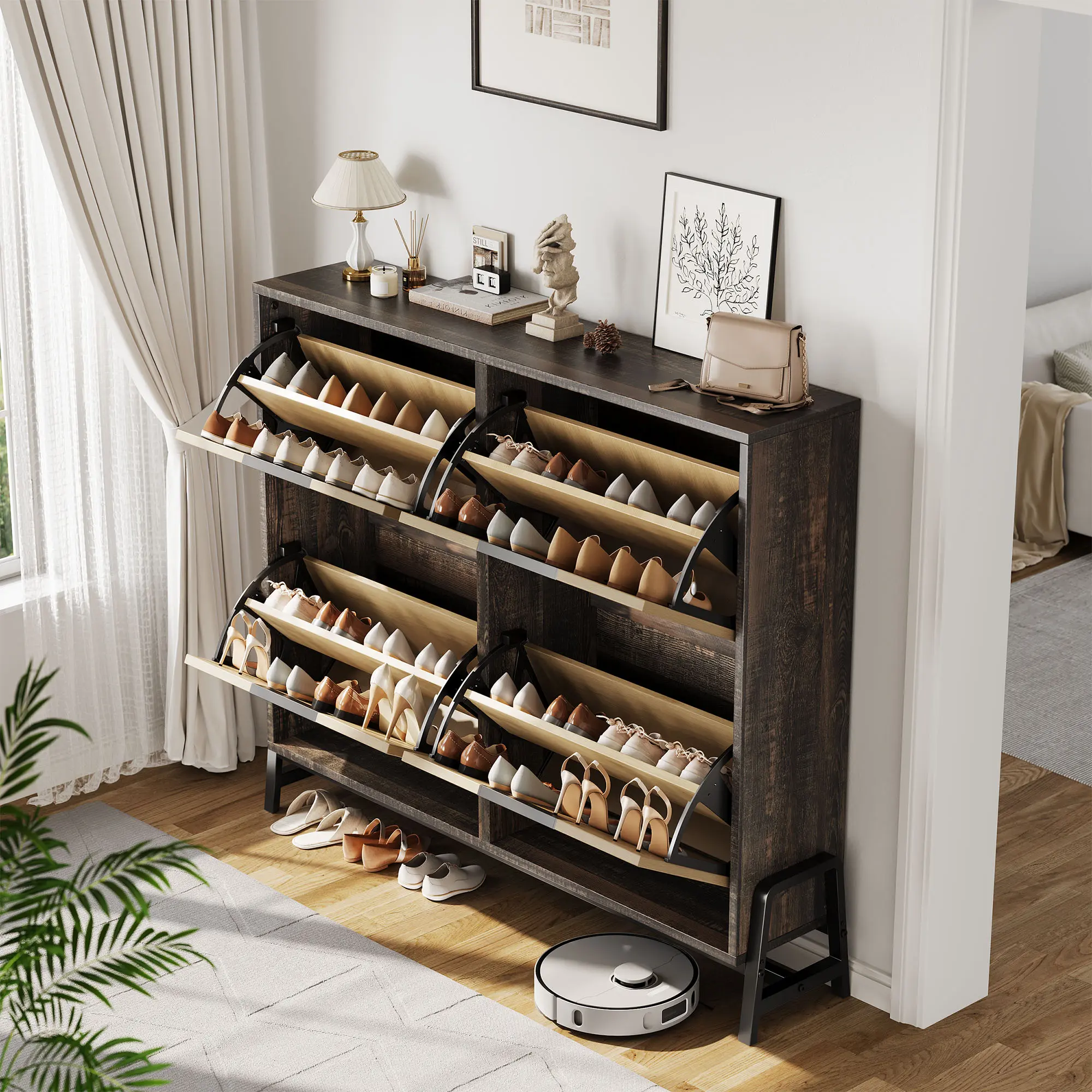 Modern Oak Finish Shoe Cabinet, Slim Freestanding Entryway Organizer with 4 rotating drawers and 3 flexible adjustable shelves, smart space-saving storage furniture perfect for Hallway and Living Room