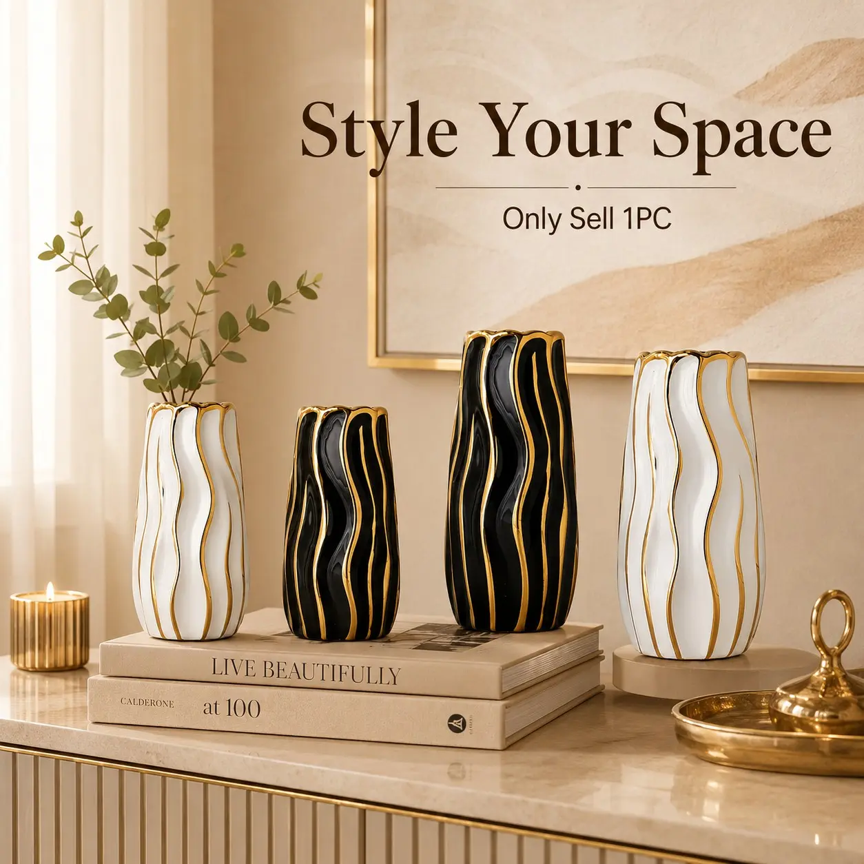 Modern Nordic Luxury Ceramic Bouquet Vase, Contemporary Decorative Vase, Suitable for Fresh Flowers, Tabletop and Living Room Decoration, Flower Vases