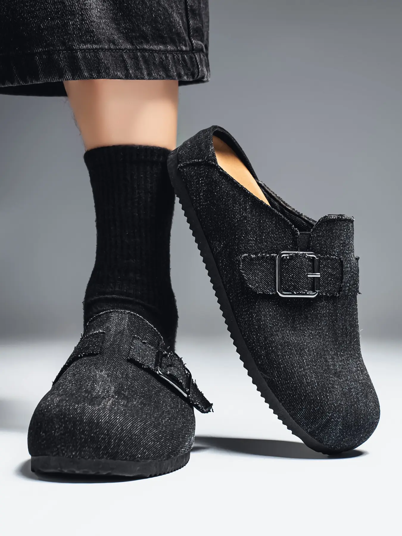 Men's Vintage Denim Mules, Washed Out Hole Design, Casual PU Leather Slippers, Durable Rubber Sole, Perfect for Short Trips & Outdoor Use