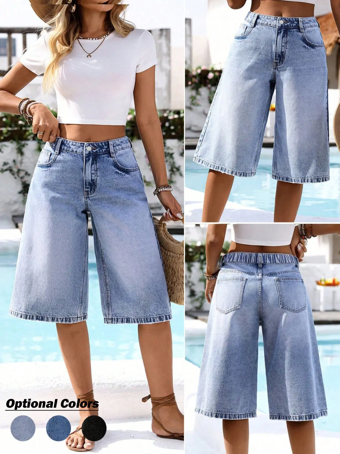 Women's Casual Fashion Denim Wide Leg Mid-Thigh Pants, Comfortable and Stylish Jeans for Daily Wear, Perfect for Spring and Fall