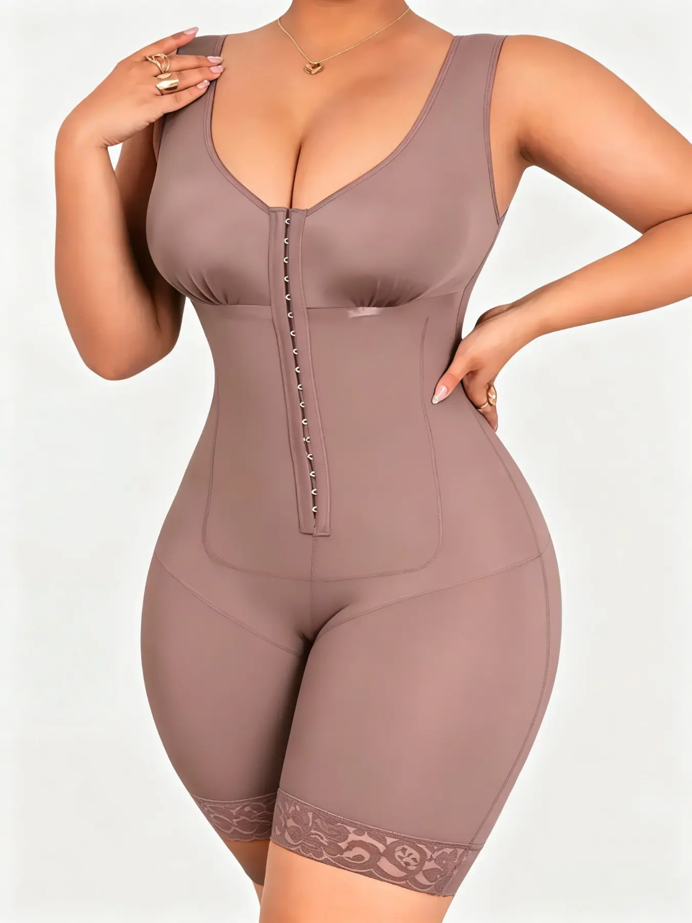 1 Count Women's Open Crotch Jumpsuit, Colombian Shapewear, Fajas, 3-Row Hook High Compression Shapewear, Reflective Stripe Under Bust Bodysuit, Front U Chest Coverage Shapewear Bodysuit, Anti-Slip Lace Trimmed Body Shaperwear, Ideal For Daily Wear