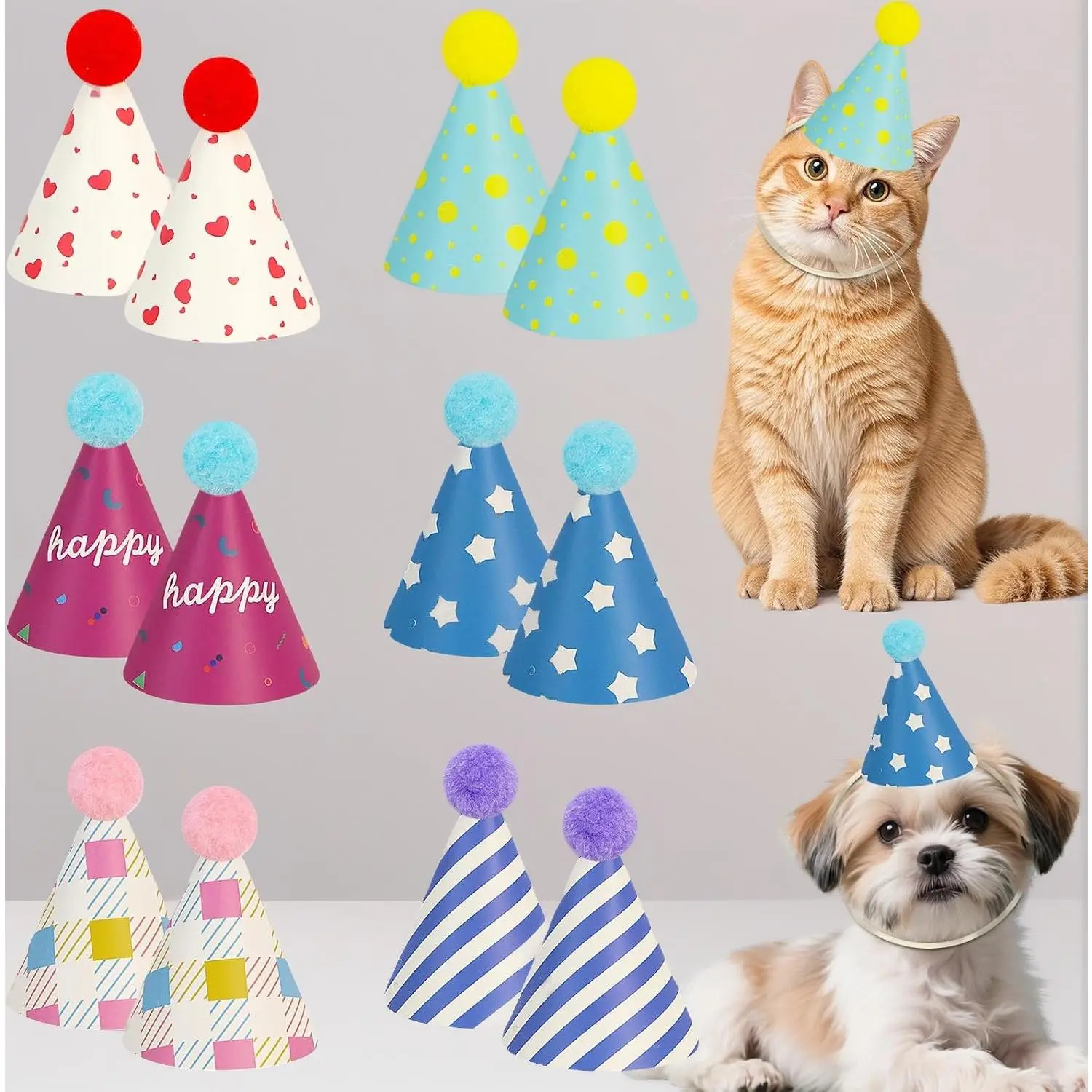 12 Pack Colorful Mini Paper Party Hats for Stuffed Animals - Already Assembled, Doll & Pet Costume, Birthday Party Decoration, Already Assembly