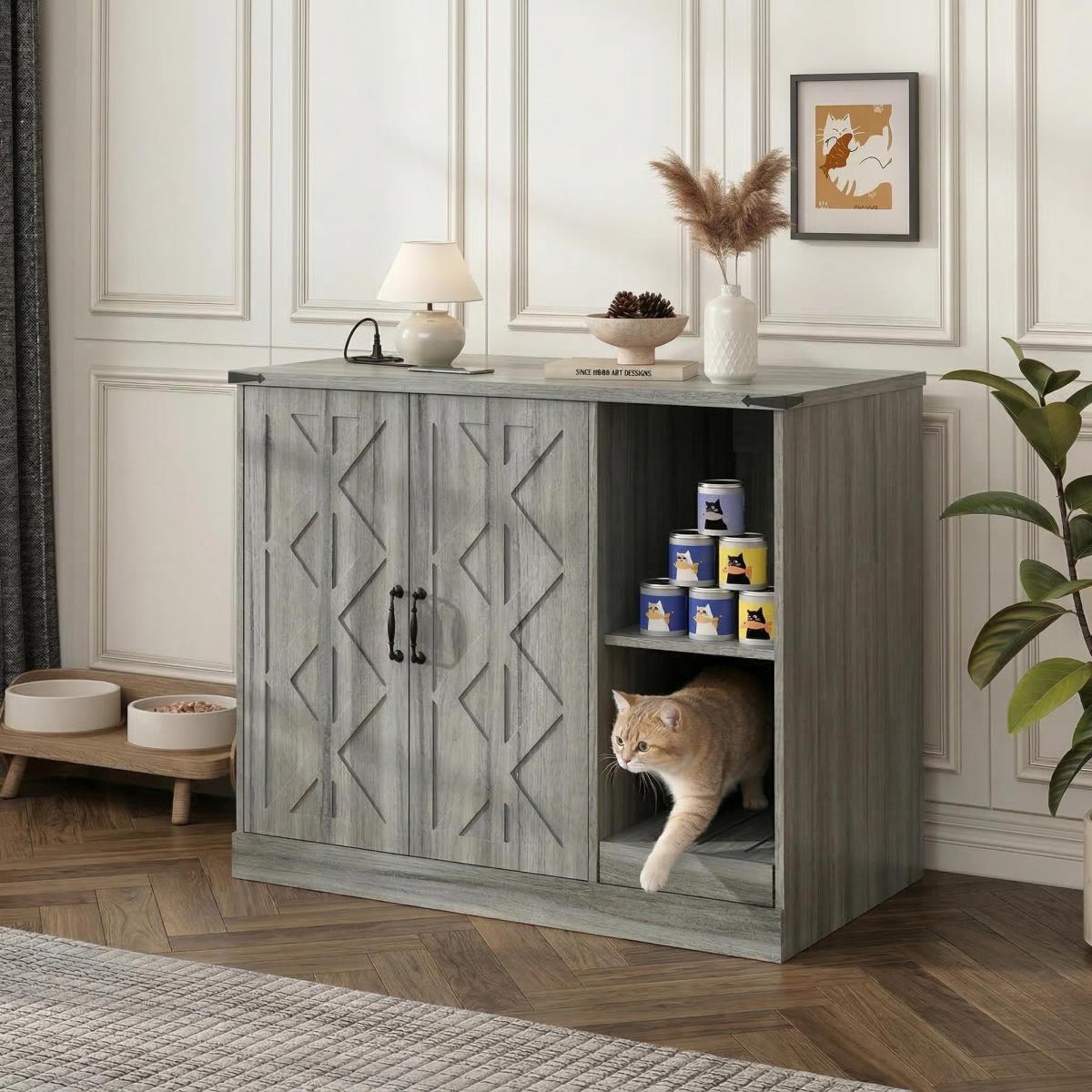 Cat Litter Box Cabinet with Power Outlet, Modern Litter Box Furniture for Large Automatic Litter Boxes, Hidden Litter Box Enclosure with Litter Catcher, Adjustable Storage Shelves, Gray