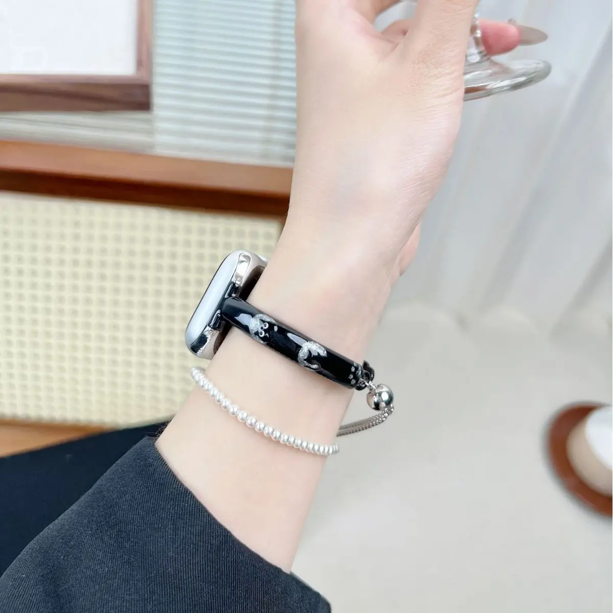 Black Glitter Moon Cat Resin Watch Band, Beaded Pull Chain Bangle Strap, Edgy Cute Girl Wrist Accessory