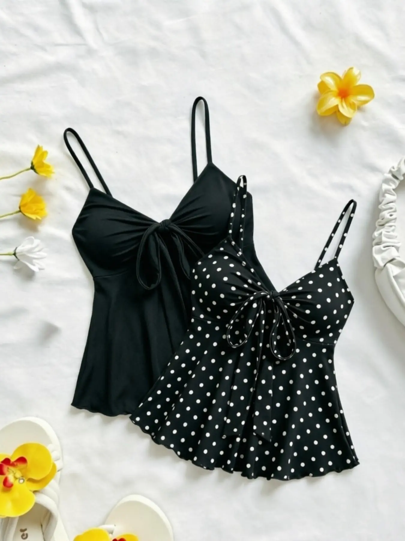 Butterfly Knot Waist Cinch Halter Two-Piece Set, V-Neck Slimming Ruffle Hem Outer Wear Tank Top, Women's Fashionable Chic Feminine