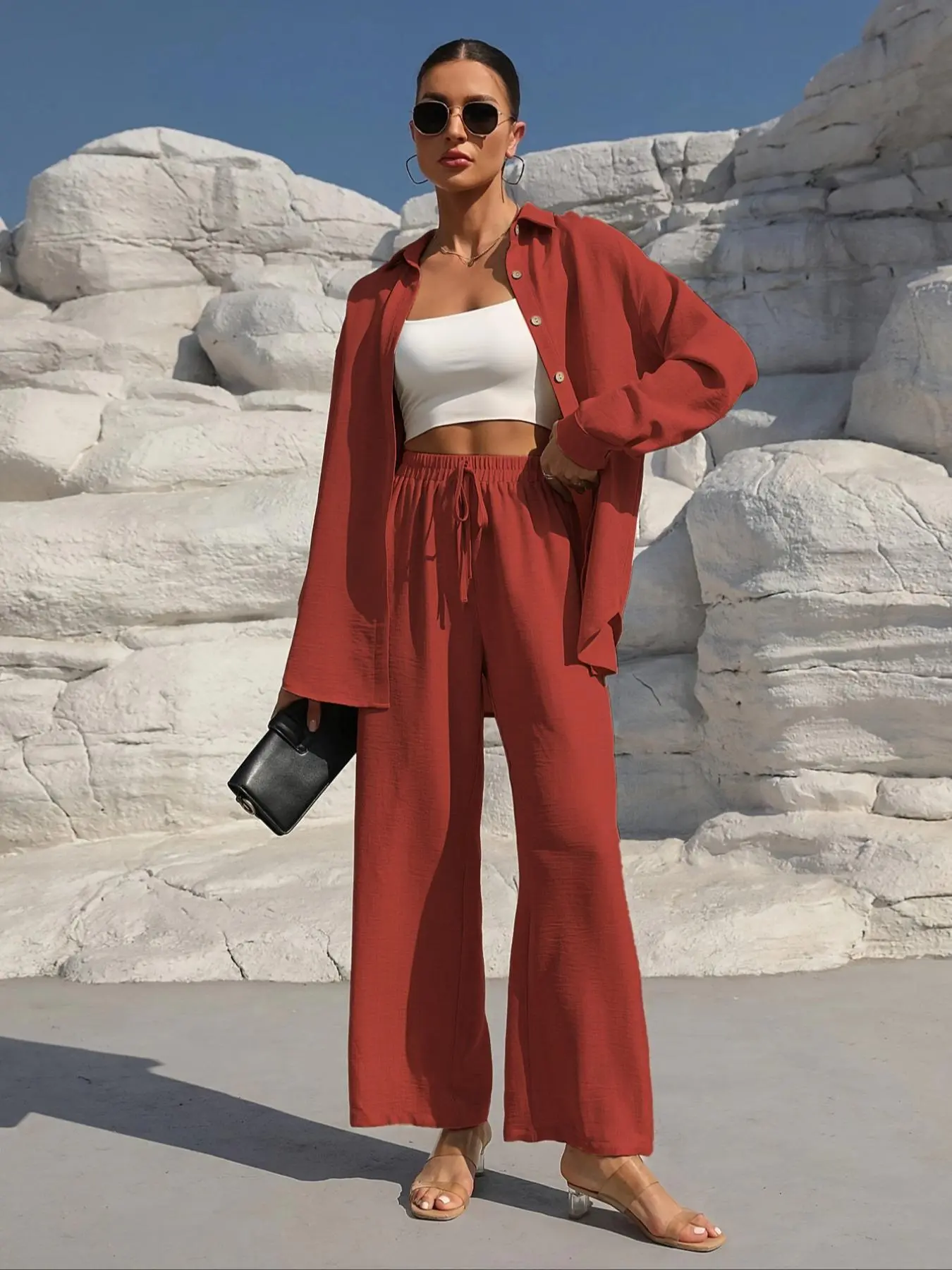 Women's Two-Piece Set, Solid Color Long Sleeve Shirt + Elastic Waist Adjustable Tie Pants, Loose Fit Baggy Collared Shirt + Wide Leg Pants, Casual Lazy Style Clothes