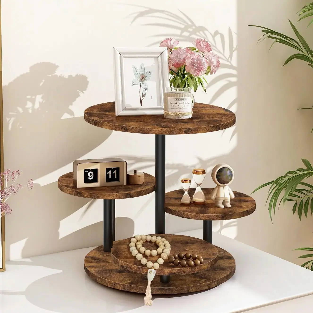 4 Tier Round Cupcake Tower , 360° Rotating Wood Cake Stand with Tiered Trays, Farmhouse Cookie Stand for Dessert Table Display for Wedding Birthday Baby Shower Tea Party