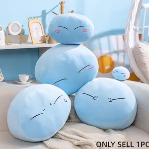 A cute and endearing character transformed into a slime from an anime, featuring cuddly plush accessories. A soft, blue pillow perfect for hugging. A unique, 2D-style Lemur figurine with various expressions. An exquisite birthday, holiday,New Year’s gift.