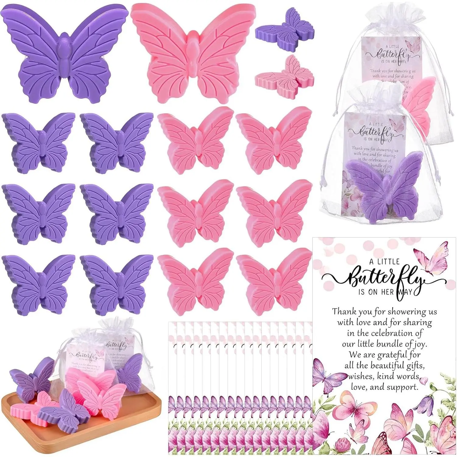 50 Sets Butterfly Themed Baby Shower Favors Butterfly Soap with Thank You Cards Gift Bag for Guest Gender Reveal Party Decorations Baby Shower Game Prizes Wedding Favor(Pink and Purple)