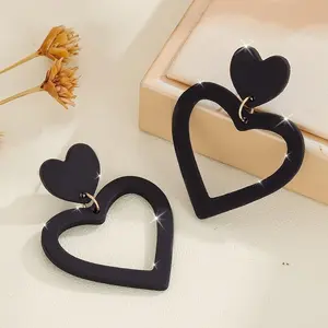 Black Hollow Heart Design Dangle Earrings Cute Simple Style Acrylic Jewelry Valentine's Day Gift For Lovers