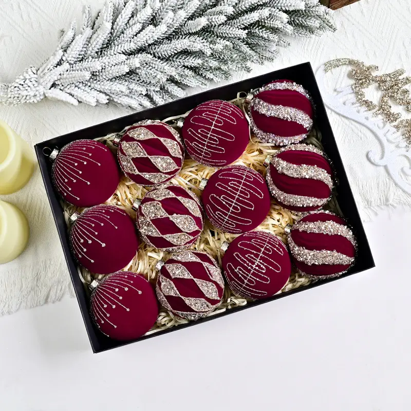 Flocked Christmas ball ornaments, exquisite high-end sparkling diamond Christmas tree decoration balls, holiday tree hangingdecorations, 12pcs boxed set
