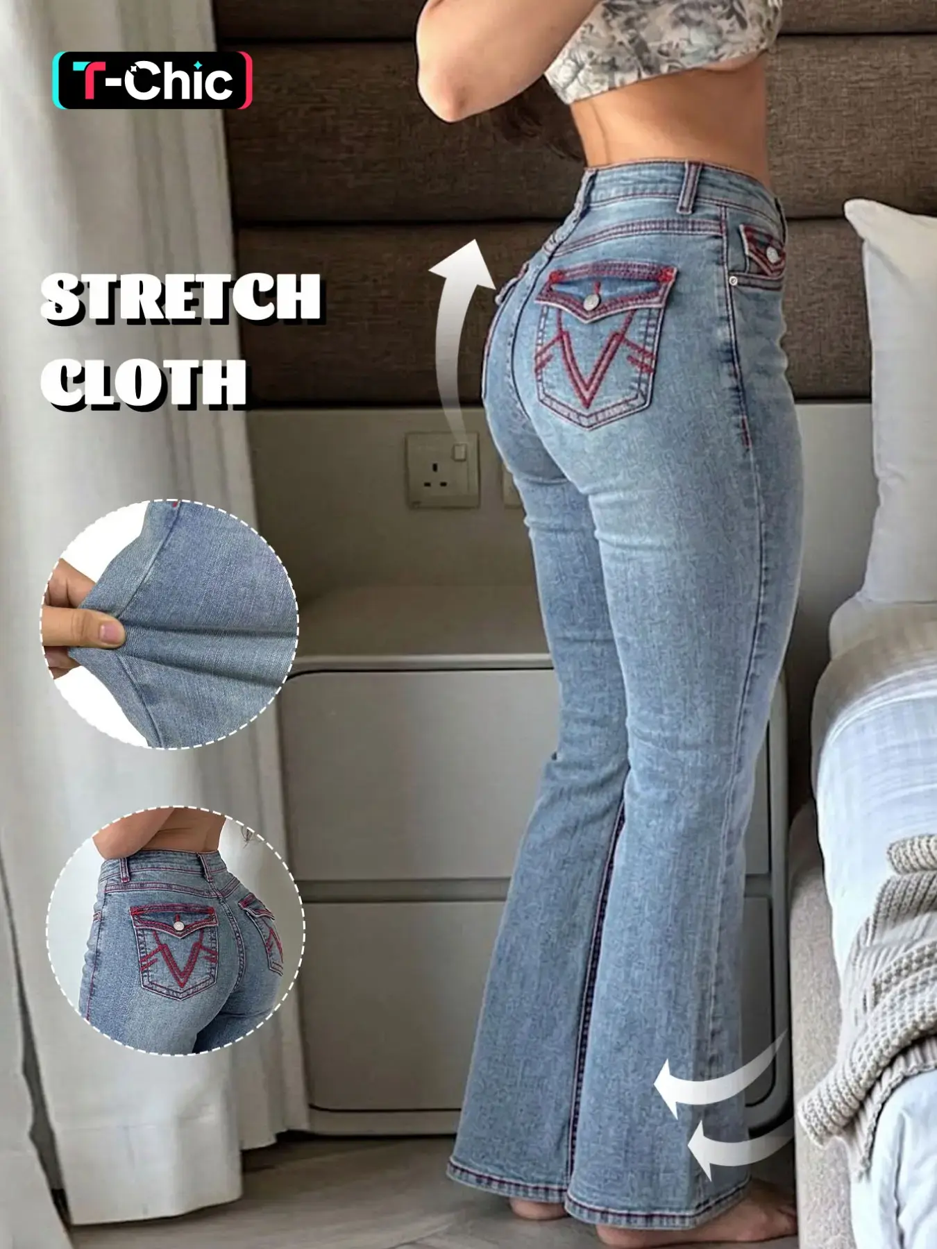 GILIPUR Women's Light Blue Washed Low Waist Butt Lifting Flare Jeans, Fashion Denim Jeans, High Stretch Contrast Red V-Stitching Back Pockets Bootcut Denim Pants, Y2K Vintage Streetwear Daily Casual Date Outfits for Women TChic