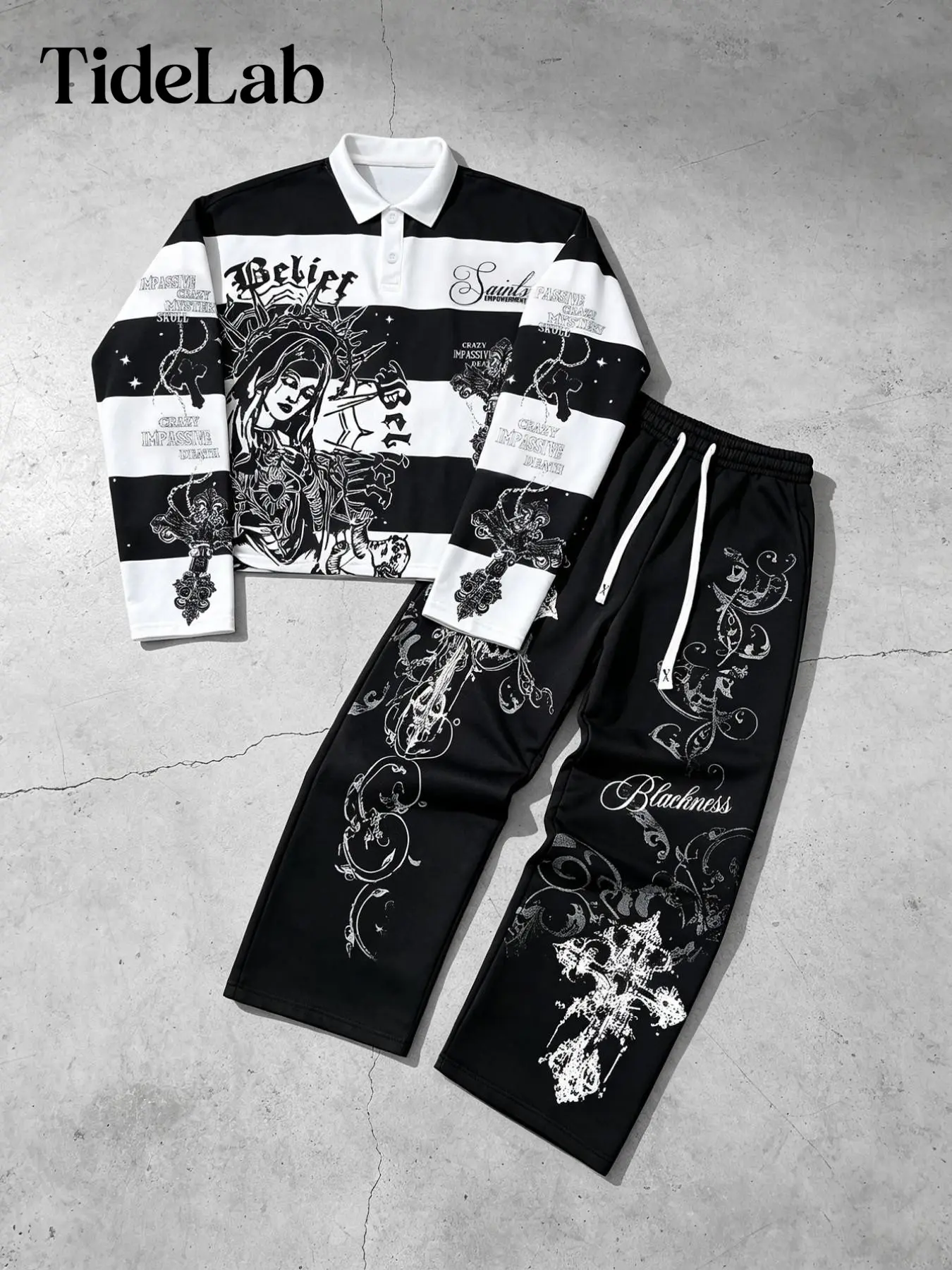 Unisex Dark Style Striped Collar Long Sleeve Top + Vintage Cross Print Drawstring Wide Leg Pants, 2-Piece Set, Fashionable Outfit