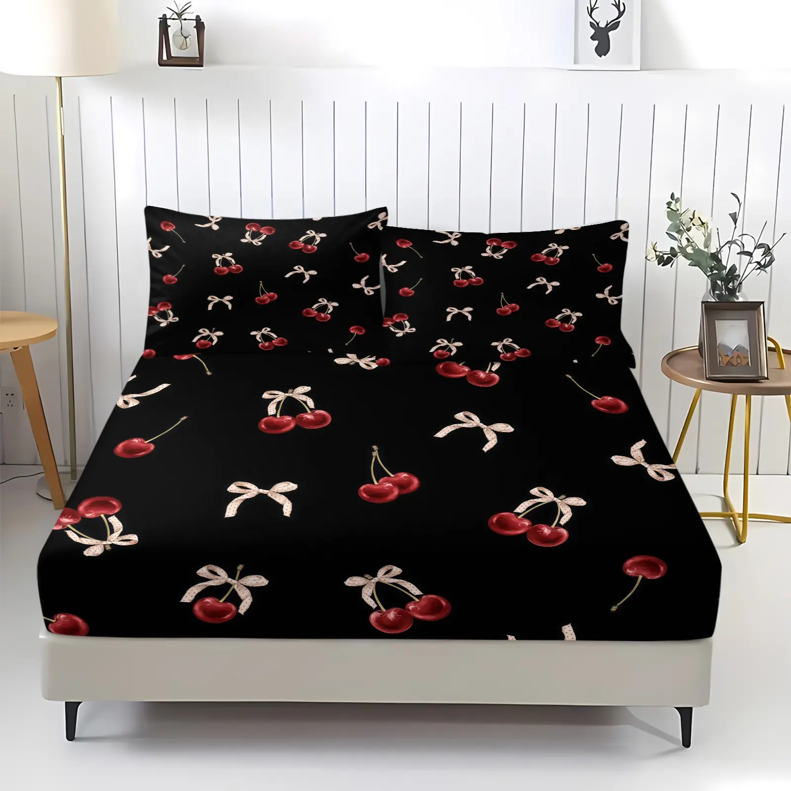 Cherry patterned bed sheet, including 1 bed sheet and 2 pillowcases, anti slip dust cover suitable for bedrooms and guest rooms, suitable for personal use or gift giving