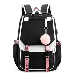 Trendy School Backpack for Girls, Plush Ball Colorblock Design, Waterproof Oxford Fabric, Large Capacity, Comfortable Shoulder Straps, Multiple Colors