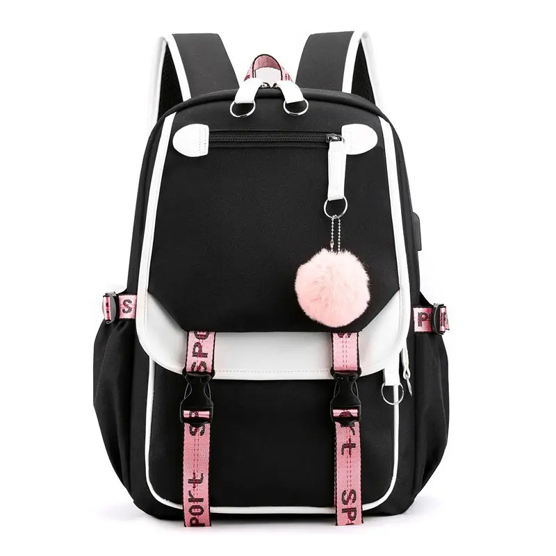 Trendy School Backpack for Girls, Cute Backpack, Plush Ball Colorblock Design, Waterproof Oxford Fabric, Large Capacity, Comfortable Shoulder Straps, Multiple Colors