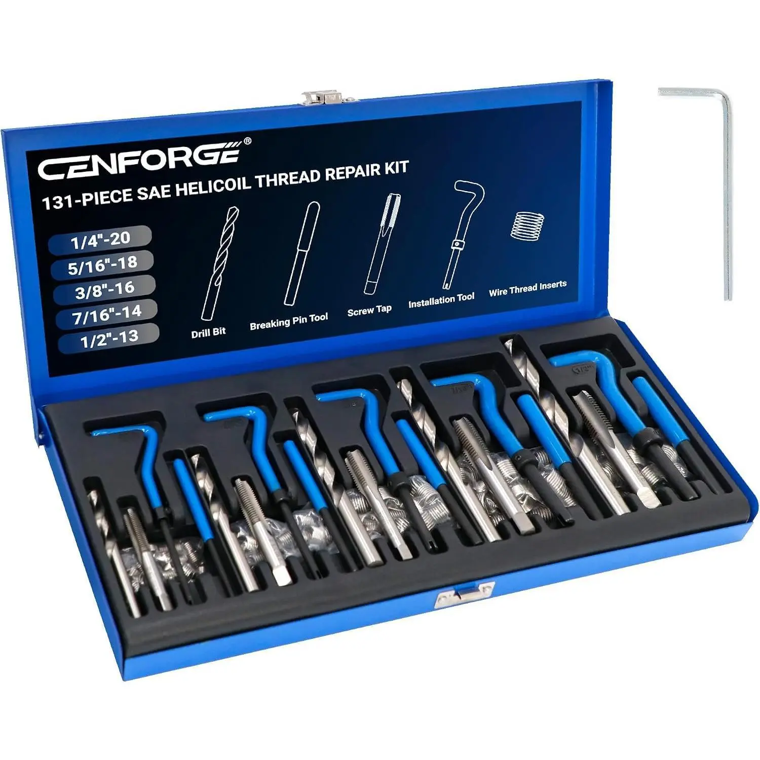 SAE Helicoil Thread Repair Kit, 131-Piece SAE Threaded Insert Kit with HSS Drill Bits & 304SS Inserts | 1/4" 5/16" 3/8" 7/16" 1/2" Sizes | Portable Case Automotive & Industrial Repair