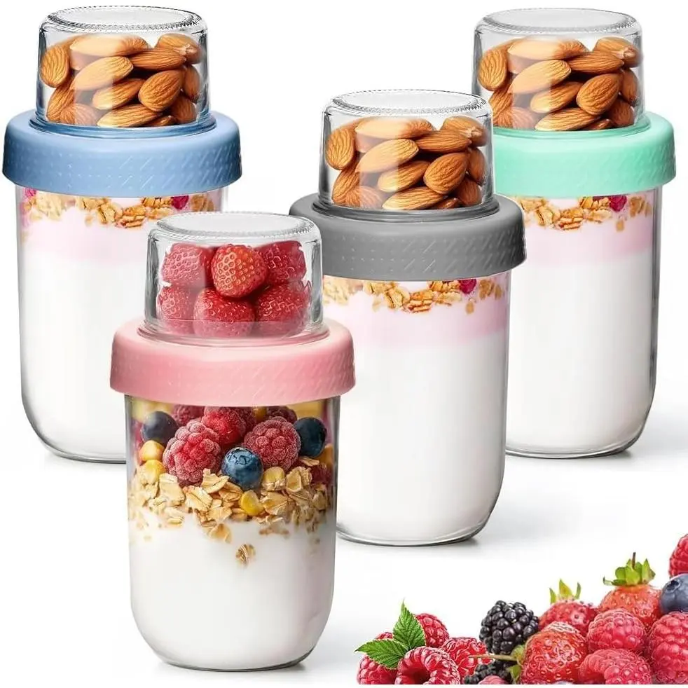16+4 oz Yogurt Parfait Cups with Lids 4 Pack Overnight Oats Jars | Dry Wet Separation, Cereal Cups,Chia Pudding,Snacks,Nuts, Fruit,Granola Toppings,Meal Prep Jars