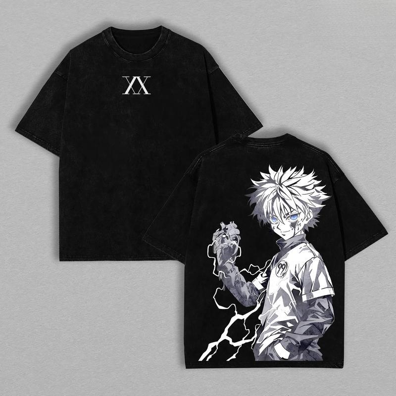 Killua Zoldyck Hunter x Hunter Graphic Tee – Washed Oversized Anime Shirt, Heavy Cotton Unisex Top, Trendy Streetwear Menswear for Casual, Party, Convention, and Anime Fans