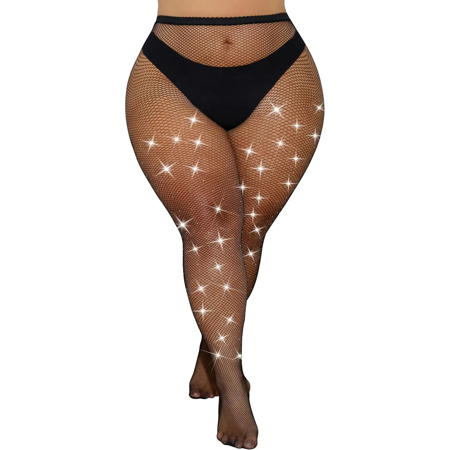 Women's Plus Size Glitter Rhinestone Fishnet Stockings Sparkly Mesh Sexy High Waisted Tights for 160-300 Lbs(Gift)