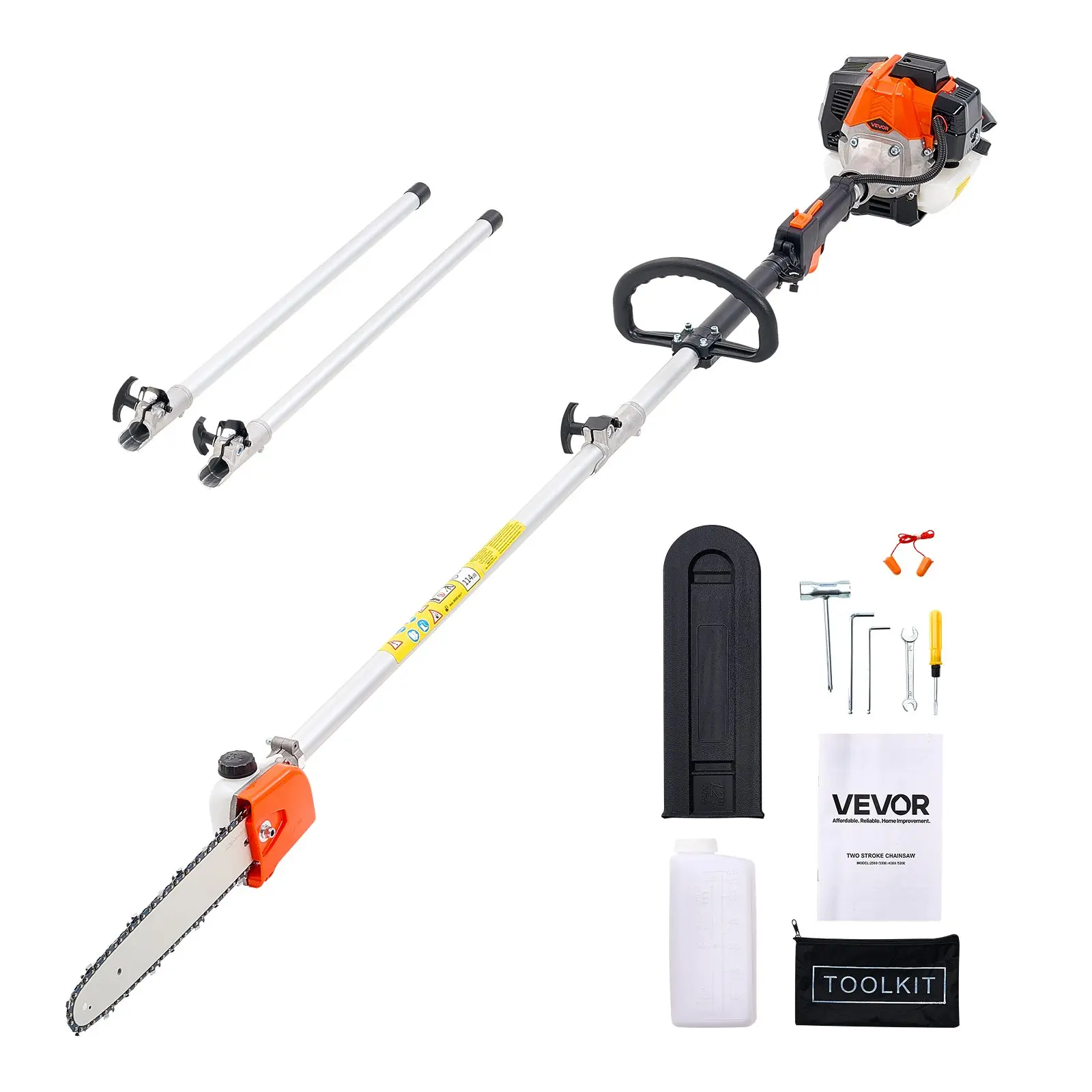 toolupgrade Extendable Pole Gas Chainsaw, VEVOR 25CC 2-Stroke Gas-Powered 7-12 ft Pole Saw, 12 in Cutting Bar, 23 fl. oz Fuel Tank, Cordless Tree Trimmers for Pruning