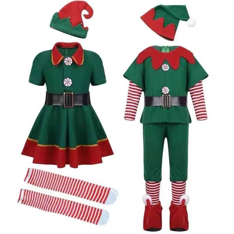 Christmas costumes for children, Christmas elf costumes, cosplay family outfits, adult men's and women's green Christmas outfits