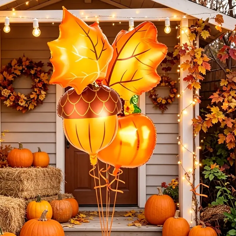 6 Pack Fall Harvest Foil Balloon Kit, Maple Leaf, Pumpkin & Hazelnut Balloons with Ribbon & Straw, Party Decor for Thanksgiving, Halloween, Housewarming, Autumn Indoor Outdoor Store Photo Backdrop