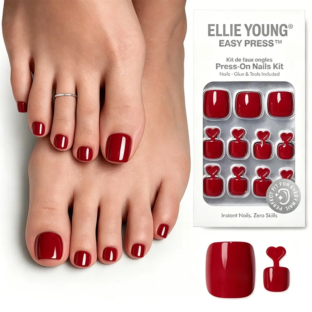 ELLIE YOUNG Red Crush Press On Toe Nails, Short Square Waterproof Reusable Toenails with Glue Kit, 32PCS in 17 Sizes for Summer, Beach & Daily Wear