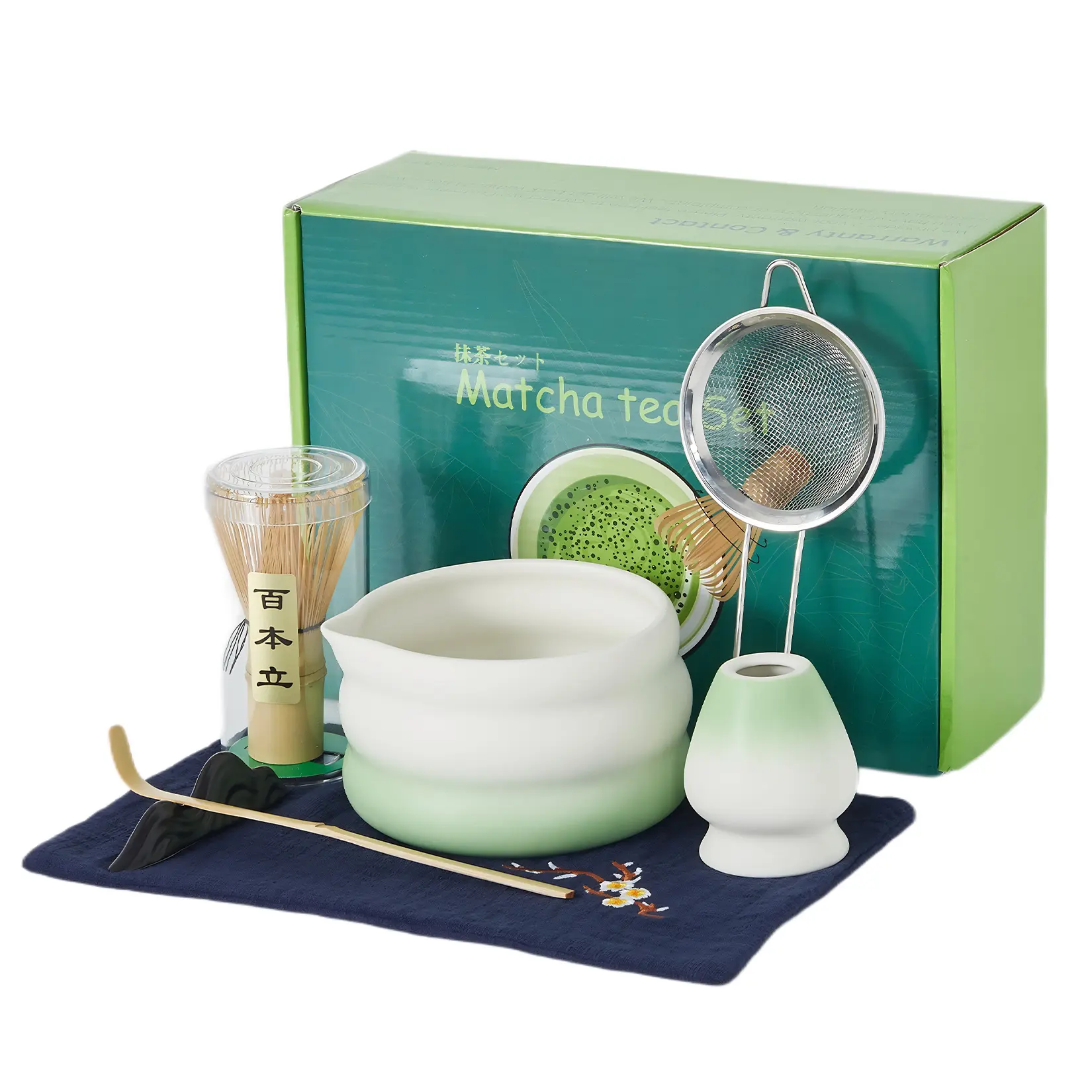 7 Pcs Complete Gradient Green Matcha Tool Kit, Ceramic Bowl, Bamboo Whisk Set, Scoop, Holder, Stainless Sifter and Tea Towel, Thought‑Out Gifts for Tea‑Lovers