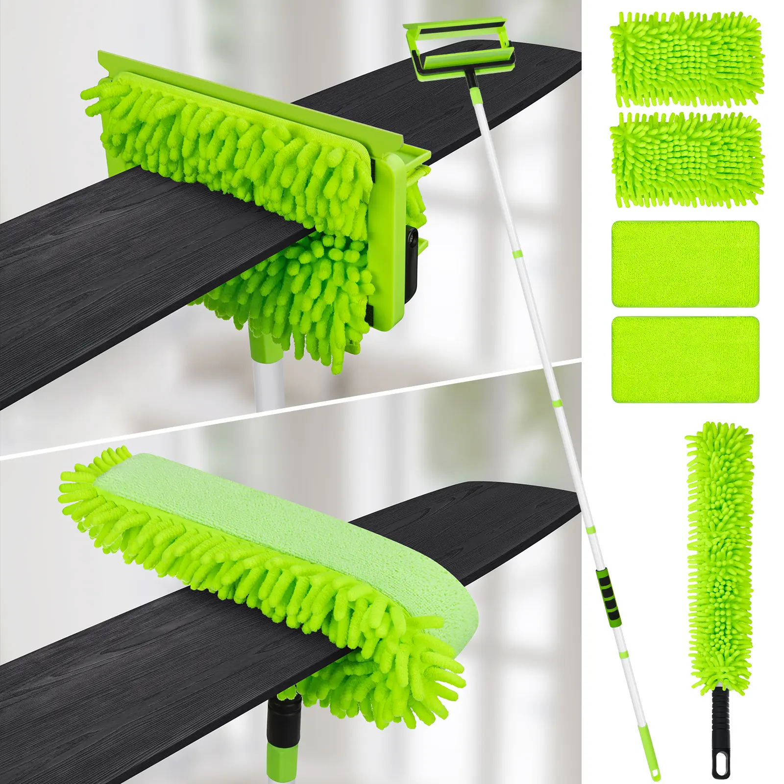 QAESTFY Ceiling Fan Cleaner Duster Kit - Home Cleaning Tool with 75in Adjustable Extension Pole, 8in Wide Flexible Microfiber Duster Head, Synthetic Skinny Reusable Pad for High Ceiling Blades, Walls, Under Appliance (Tools and Cleaning Supplies)