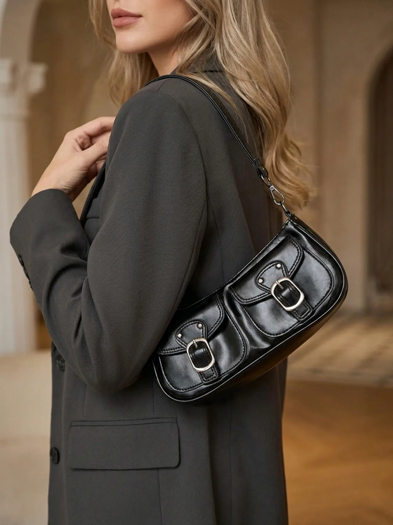 Glossy Faux Leather Baguette Underarm Bag, Dual Metal Buckle Flap Pockets With Adjustable Chain Strap, Retro Long Shoulder Bag For Women City Daily Carry