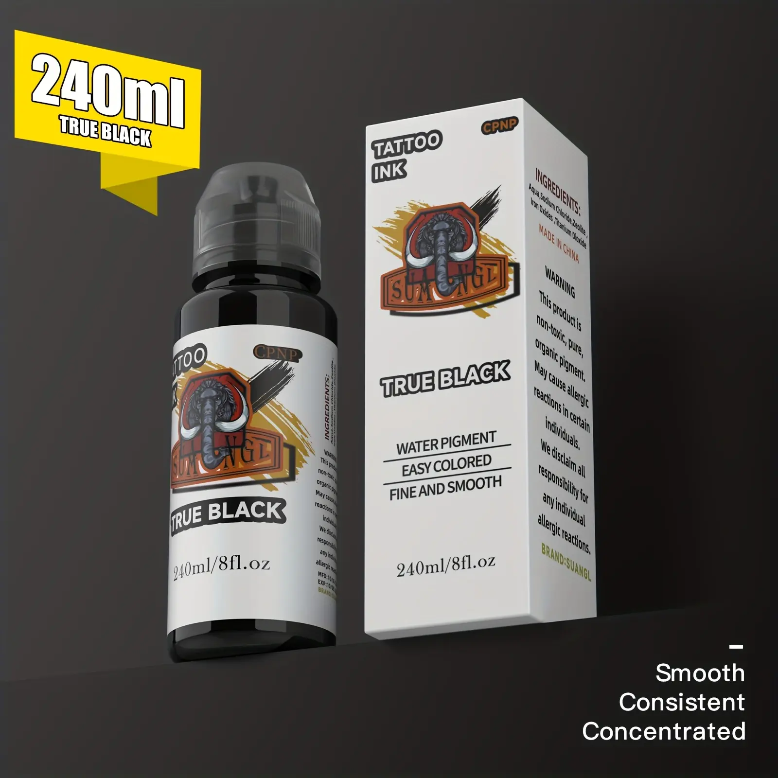 SUANGL Black Tattoo Ink, Long-Lasting Vivid Color, 8oz (240ml) Professional Black Ink for Lining, Shading & Blending, Premium Tattoo Supply