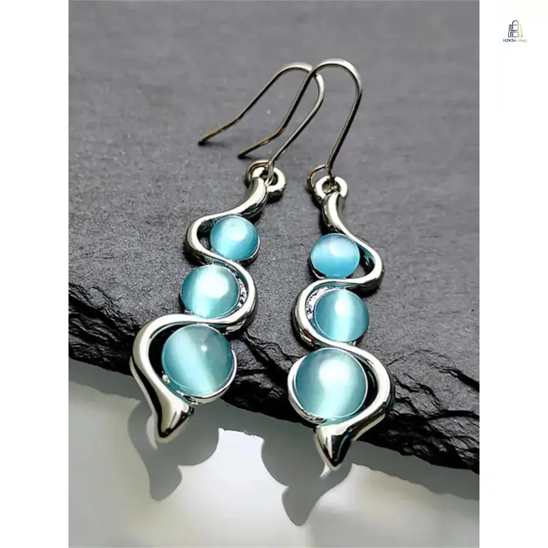 Women's Boho Drop-Shape Dangle Earrings - Trending Curved Design Inlaid with Cat Eye, Artificial Gemstones & Zircon, Female All-Seasons Fashion Jewelry, Elegant Holiday Gift for Wife's Daily Outfits