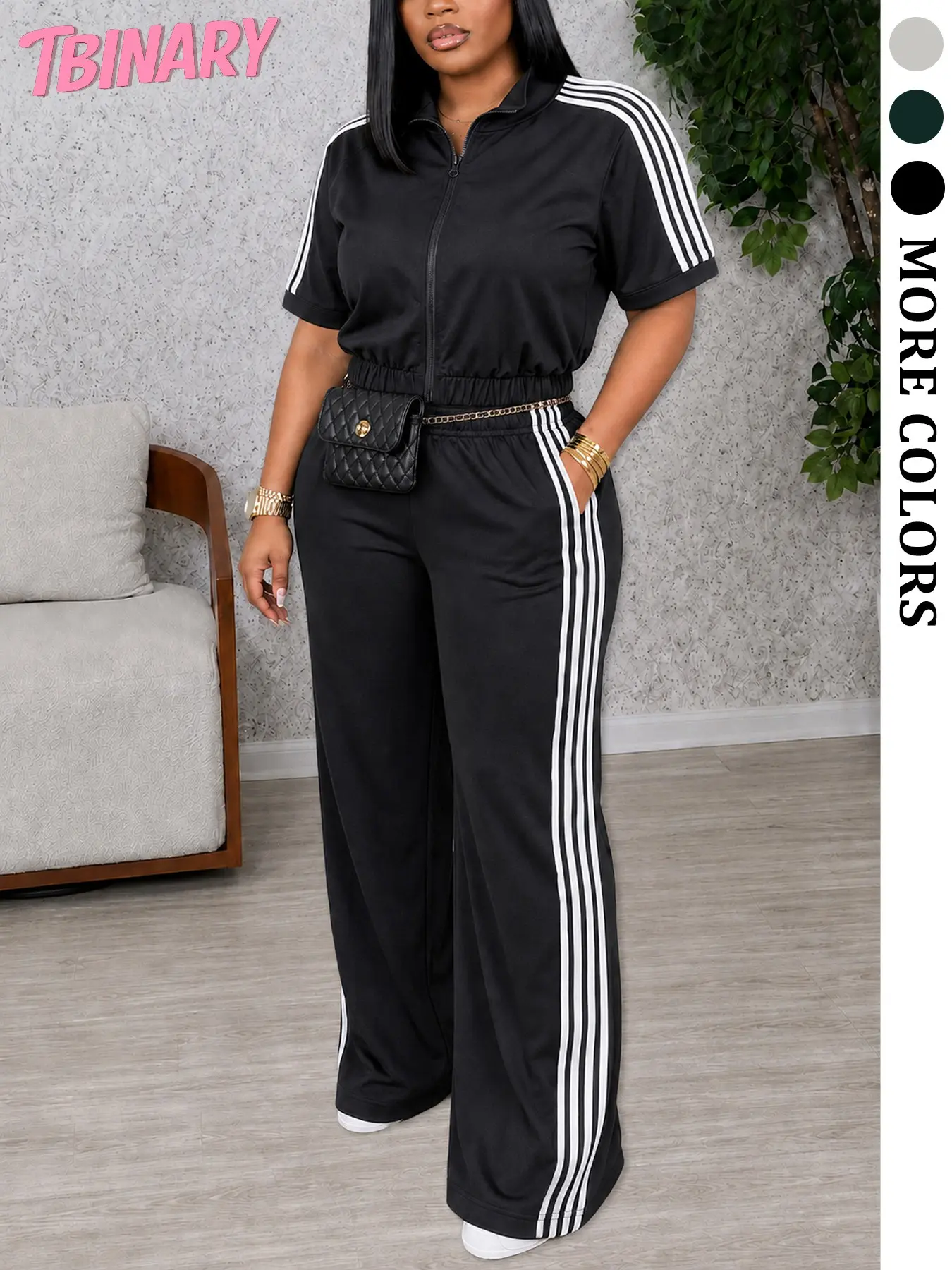Women’s Casual Matching Set, Short Sleeve Zip Front Top & High Waist Track Pants with Side Stripes, Sporty Casual Matching Outfit for Airport Look, Travel & Everyday Wear，Weekend, Streetwear, Fall Transition Outfit