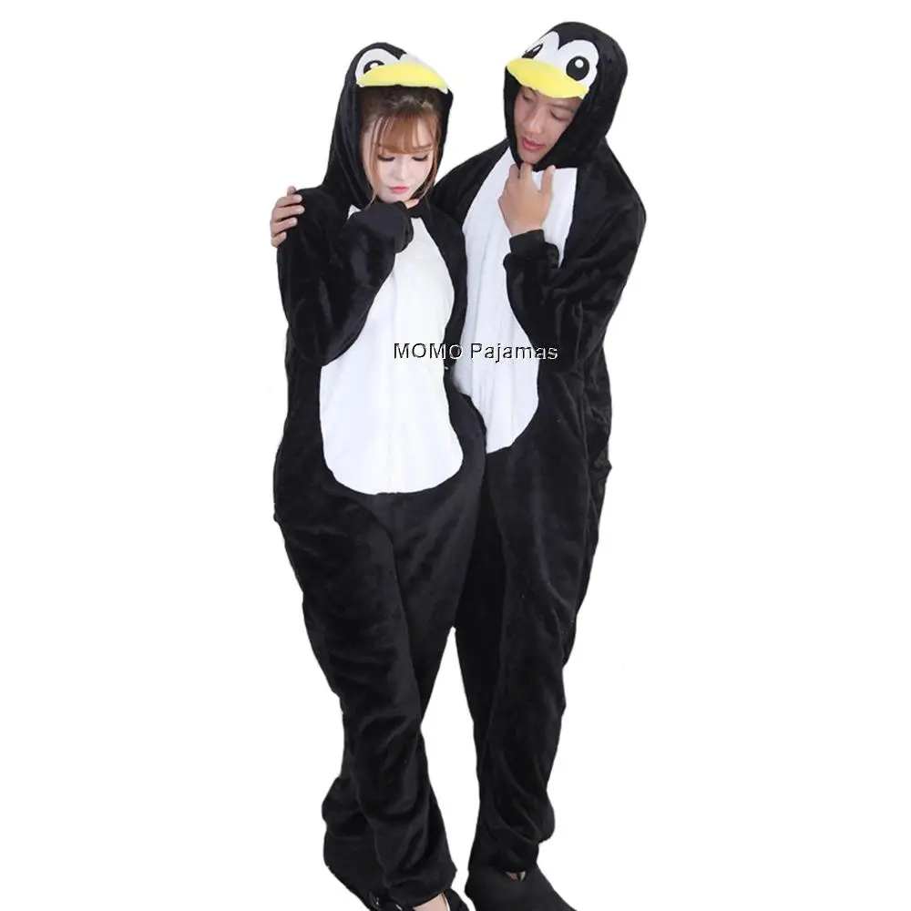 Women's Long Sleeve Flannel Black Penguin Zipper Onesie Pajamas - Soft Loungewear, Adult Cartoon Animal Cosplay Onepiece Costume for Christmas