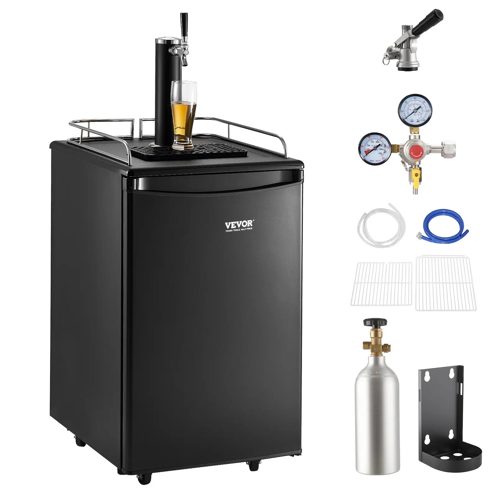 VEVOR Single Tap Draft Beer Dispenser Kegerator - Full Size Auto Defrost Refrigerator with Shelves, CO2 Cylinder, Drip Tray Rail, 32F-50F Temp Control, Holds 1/6,1/4,1/2 Barrels, Black, Draft Dispense