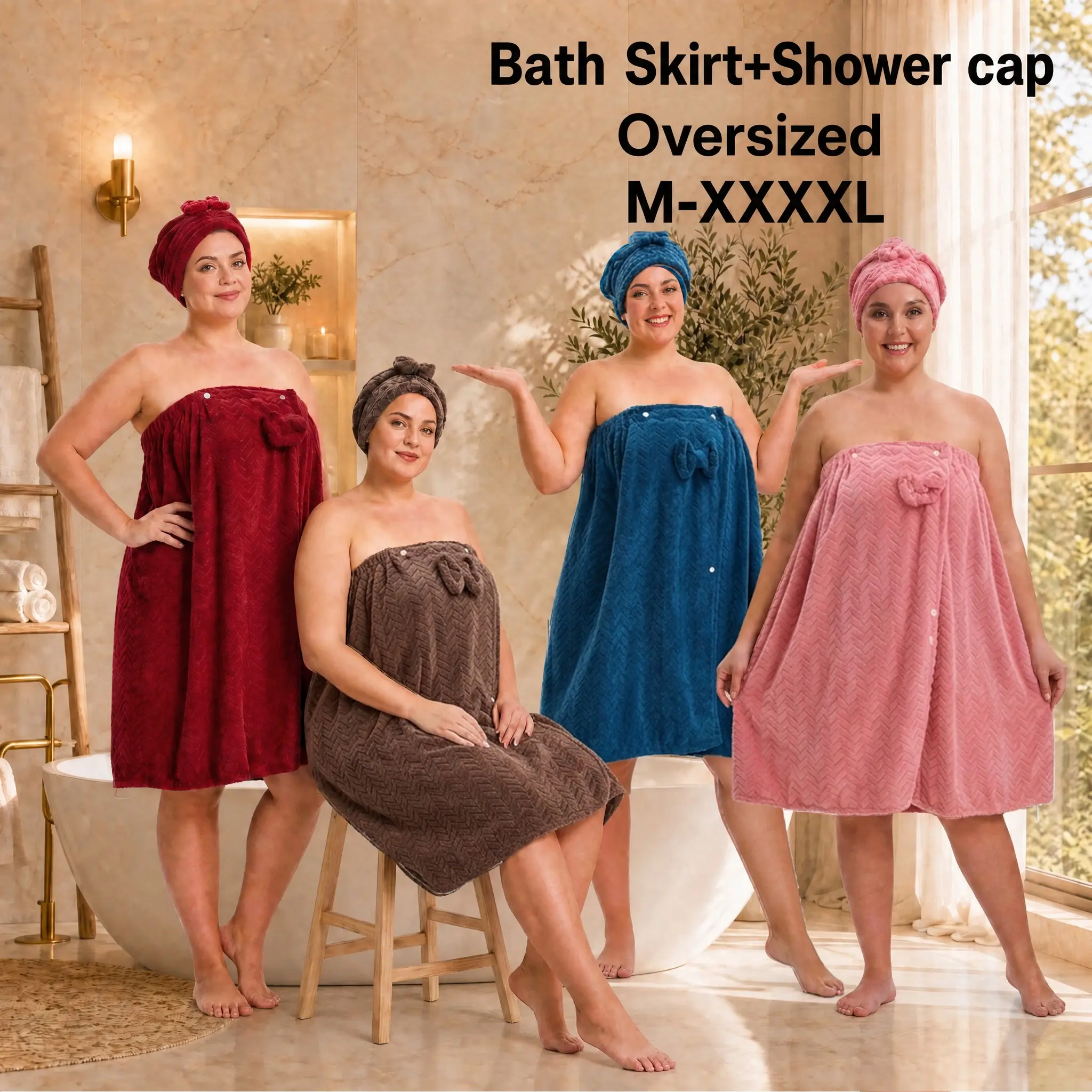 Plus Size Bath Wrap Skirt & Shower Cap for Women, Adjustable Coral Velvet Bath Skirt, Soft Absorbent Quick‑Dry Multi‑use Spa Bath Towel Set for Home Bathroom Shower Travel Sauna Beach Pool Swimming Camping Gym, Water Absorbent Towel