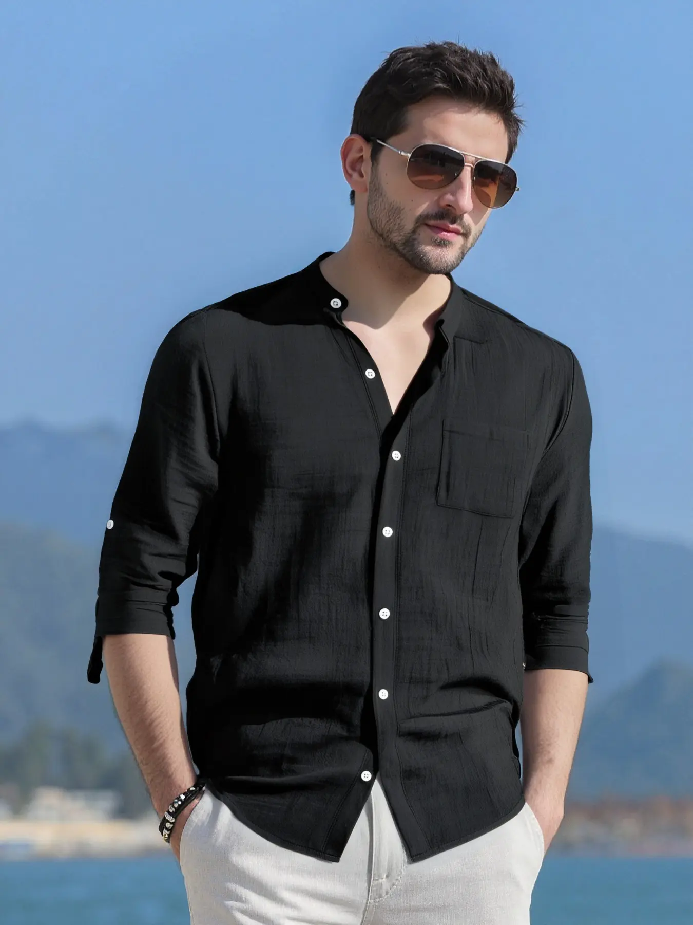 Men’s Linen Long Sleeve Casual Plain Shirt, Comfortable Beach Fashion Top for Business and Formal Occasions, Lightweight Stylish Attire for Everyday Wear